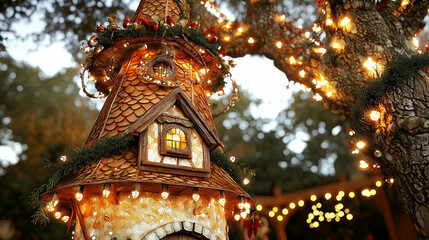 Fototapeta premium A charming fairytale treehouse decorated with glowing twinkling lights nestled among branches, evoking warmth, wonder, and magical whimsy in a serene forest setting. 