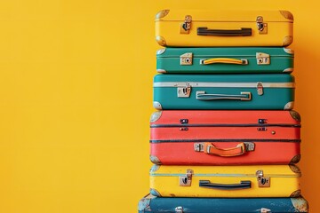 stack of colorful suitcases placed on solid yellow background symbolizing travel and adventure