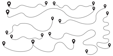 Travel vector icon. Travel from start point and dotted line tracing. Route icon between two points with dotted path and location pin. Location pointer continuous one line drawing. GPS navigation line 