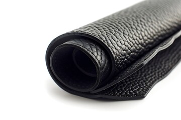 Rolled black yoga mat on white background