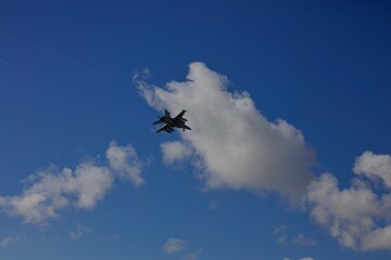 F16 Military fighter jet flying overhead