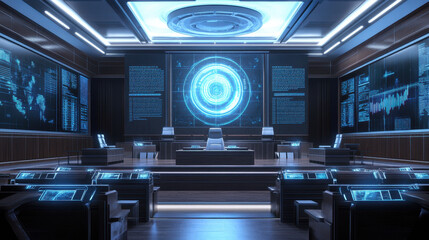 Futuristic Control Room Data Center with Advanced Technology Screens