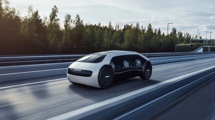 Sleek Futuristic Electric Vehicle Driving on a Modern Highway