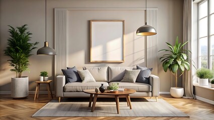 Fototapeta premium Modern living room interior background, wall mockup, 3d render