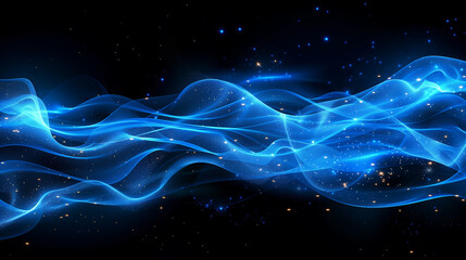 Fototapeta premium Abstract Blue Light Waves with Sparkling Particles on Black Background
