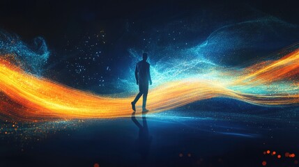 Fototapeta premium abstract digital figure walking along glowing streams of vibrant blue and orange light within futuristic landscape