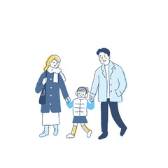 一緒に歩いている冬服の3人家族