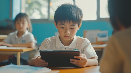 Focused Asian school boy using digital tablet at class in classroom. Attentive junior school student learning online virtual education digital program app tech during stem computer science lesson.
