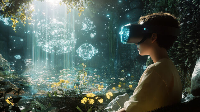 Young girl exploring a magical forest through virtual reality headset