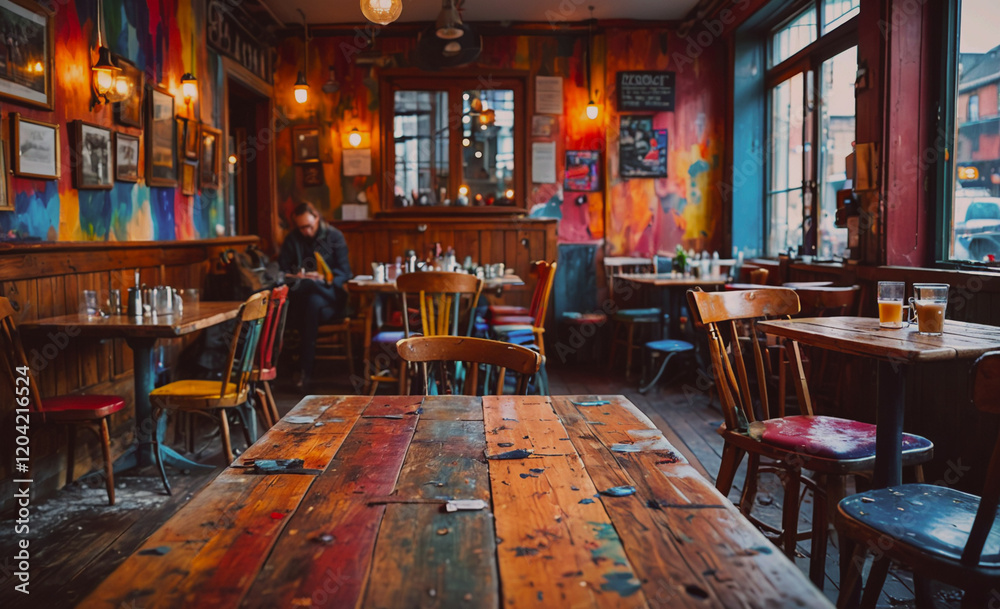 Poster a colorful restaurant with a man sitting at a table. the chairs are colorful and the tables are made