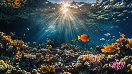 Fototapeta premium Vibrant coral reef teeming with colorful fish illuminated by sunlight in clear blue water