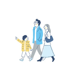 笑顔で歩く冬服の3人家族