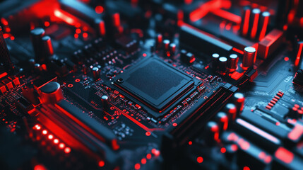 Obraz premium Closeup of a Glowing Red and Black Computer Motherboard