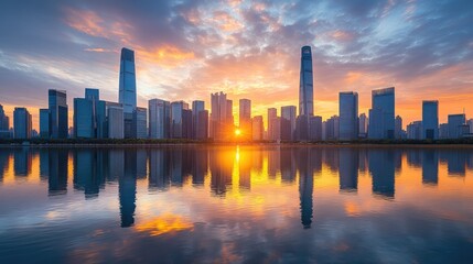 busy financial district with skyscrapers reflecting sunrise symbolizing global market activity