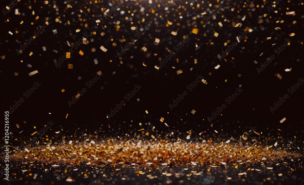 Poster a black background with gold confetti falling from the sky. the confetti is scattered all over the g