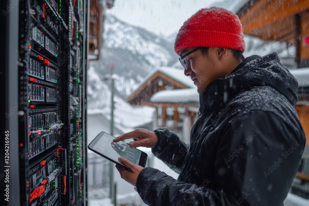 Fototapete it engineer using tablet and checking server rack in snowy mountain environment