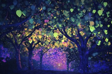 Enchanting Night Forest With Glowing Leaves And Trees