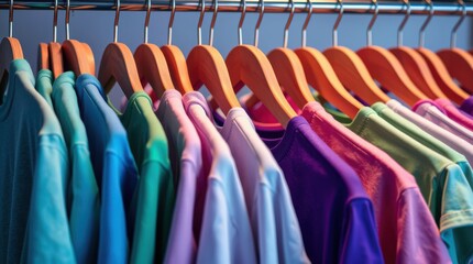 Colorful shirts hanging on wooden hangers. A variety of pastel and bright shades are neatly organized, ready for selection.