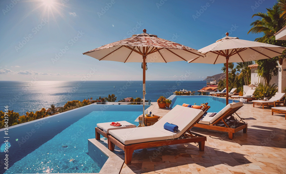Fototapete A pool with two umbrellas and a blue towel on one of the chairs. The pool is surrounded by a beautiful ocean view