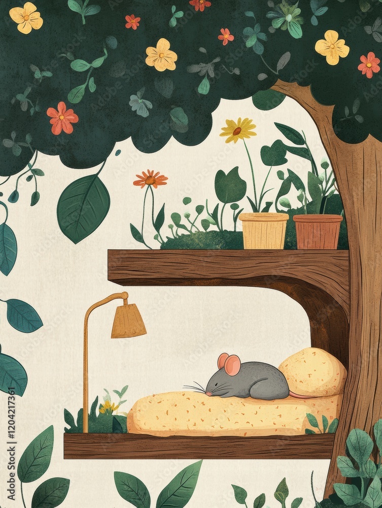 Poster Cozy mouse resting on a soft bed beneath a tree filled with flowers and greenery in a whimsical setting. Generative AI
