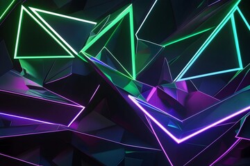 jagged, interlocking triangular and polygonal shapes with glowing edges in neon green, blue, or purple on a deep black background