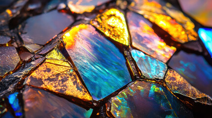 Closeup of Iridescent Glass Mosaic Tiles with Vivid Colors and Textures