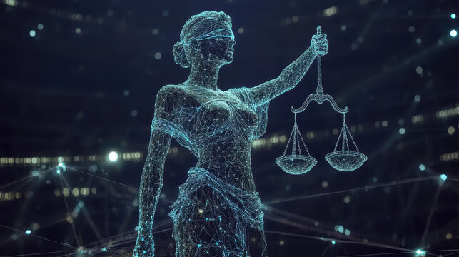 Digital Lady Justice holding scales of justice futuristic concept