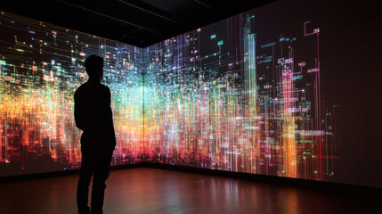 Silhouette of a man observing a vibrant data visualization on a large screen