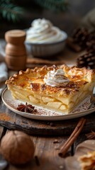 There is a piece of pie on a plate with whipped cream, food background, vertical background