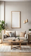 Modern living room interior background, wall mockup, 3d render