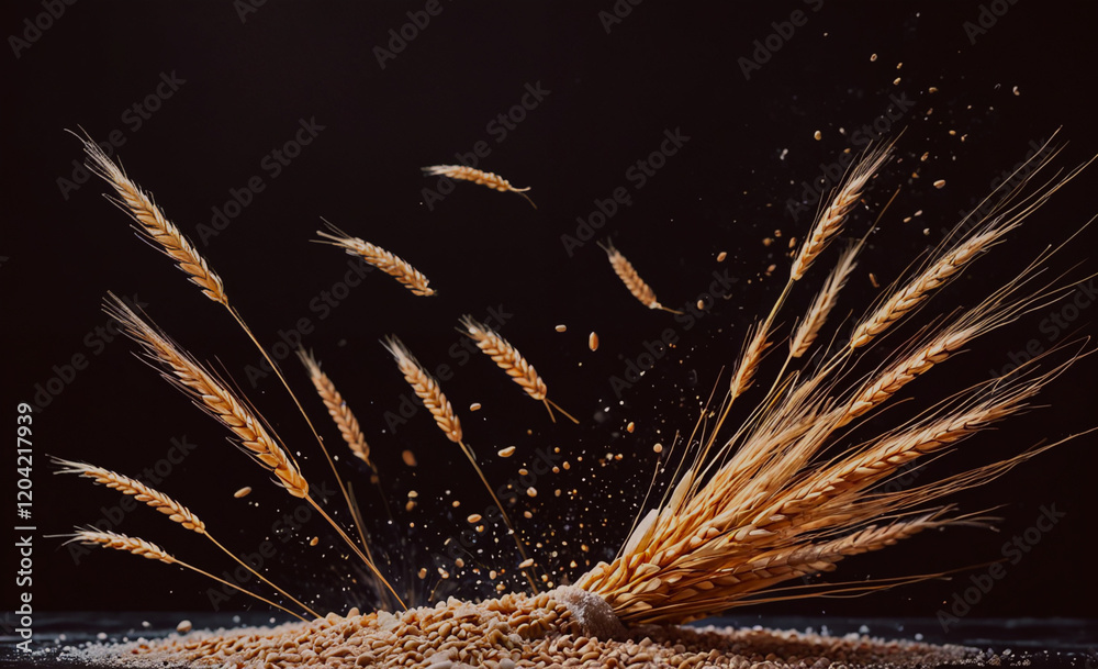 Poster a bunch of wheat is flying through the air. concept of chaos and movement, as the wheat is scattered