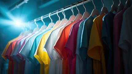 Obraz premium Colorful t-shirts hanging on a rack, ready for retail display. A vibrant collection of summer fashion essentials.