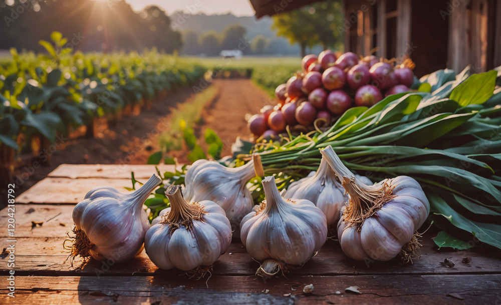 Poster A wooden table is covered with a variety of vegetables, including garlic. The garlic is in a bunch and is spread out on the table. There are also several apples and onions scattered around the table