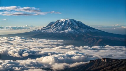 Snow-Capped Mountain Peak Emerging Above the Clouds with a Clear Blue Sky for Scenic and Adventure Inspirations  