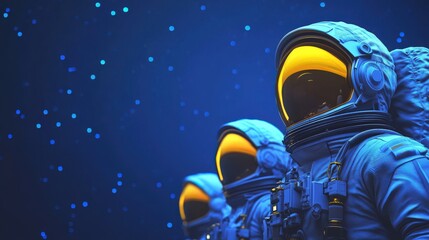 Group of Cartoon Astronauts Standing Against a Starry Blue Background