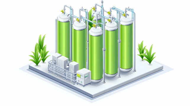Green Bioreactor System Sustainable water purification facility using natural processes, surrounded by plants;  for environmental reports
