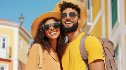 Happy couple sightseeing in sunny city, exploring architecture. Perfect for travel blogs