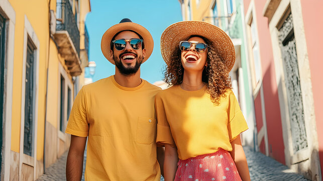 Happy couple sightseeing in a colorful European city, holding hands and laughing.  Perfect for travel blogs or tourism websites