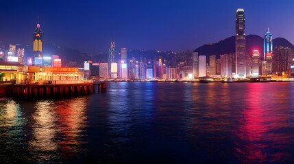 Naklejka premium Hong Kong harbor night cityscape, illuminated skyscrapers, reflections, waterfront pier. Ideal for travel brochures