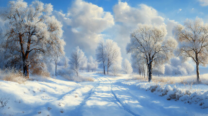Obraz premium serene winter landscape with snow covered trees and path