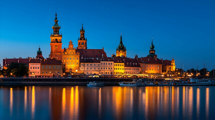 Fototapeta premium Illuminated riverside castle at twilight; boats on water; city skyline; tourism