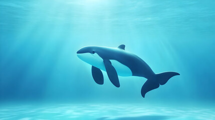 Fototapeta premium Orca swimming underwater, sunlight beams, ocean background, wildlife conservation