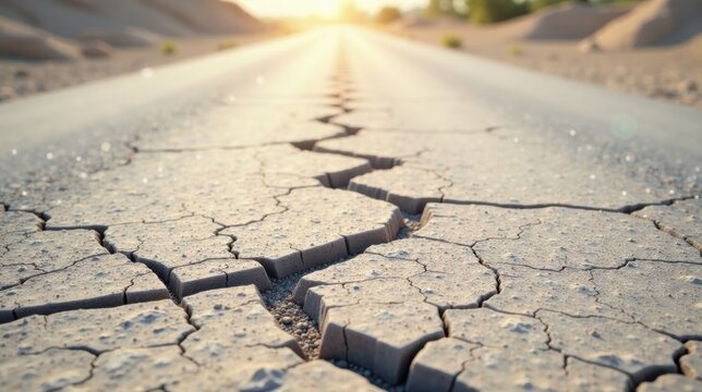 A sunlit road's surface reveals deep cracks in the parched earth, a stark landscape of aridity and the effects of prolonged drought