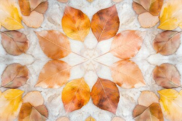 Fototapeta premium Symmetrical arrangement of autumn leaves in warm, earthy tones on a light background.