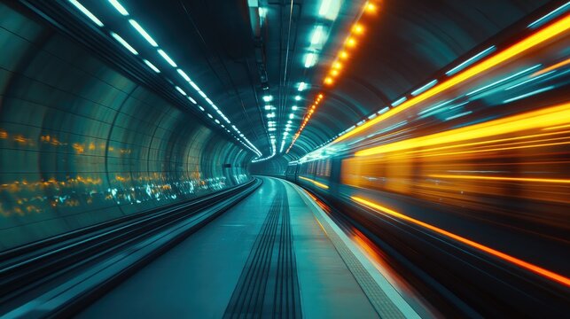 Fast moving train creates light trails in subway tunnel