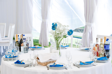A beautifully set table outdoors under a white tent, adorned with blue napkins and a centerpiece of white and blue flowers. The scene evokes a feeling of elegance and celebration.