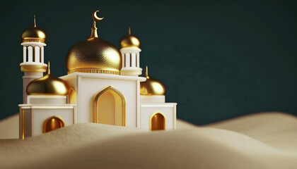 Beautifully Illuminated Mosque with Golden Domes and Minarets Under a Starry Night Sky with Hanging Lights