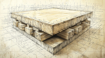 A highly intricate 3D-rendered visualization of wood joinery featuring an array of planks connected at various lengths using the same joint technique. Generative AI