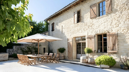 Stone farmhouse patio, outdoor dining, sunny courtyard, French countryside, vacation rental