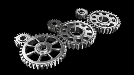 Silver gears of varying sizes turn smoothly in a loop, symbolizing teamwork and collaboration, with intricate textures and reflective surfaces in a seamless animation